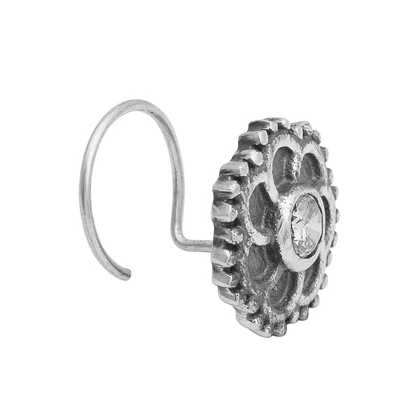 Floral Oxidized Spiral Design Clear Stone Nose Pin - Sterling Silver