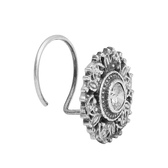 Antique Floral Sparkling White Centre Nose Pin - Sterling Silver