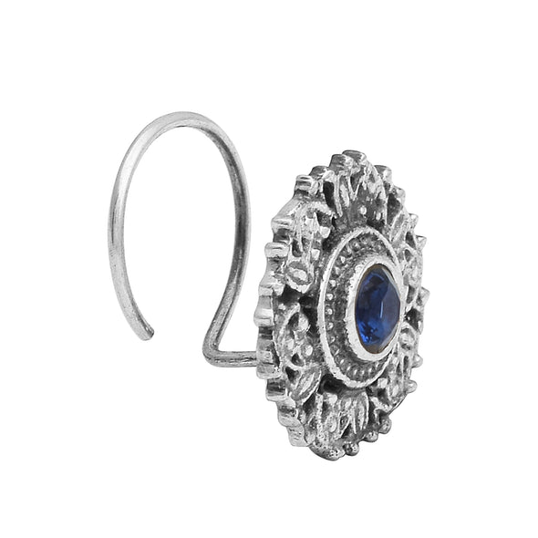 Antique Floral Sparkling Blue Centre Nose Pin - Sterling Silver