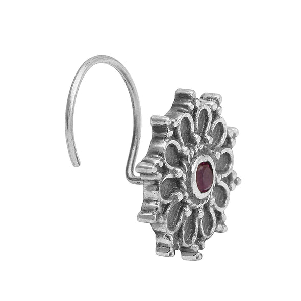 Hoop Design Red Stone Floral Nose Pin - Sterling Silver