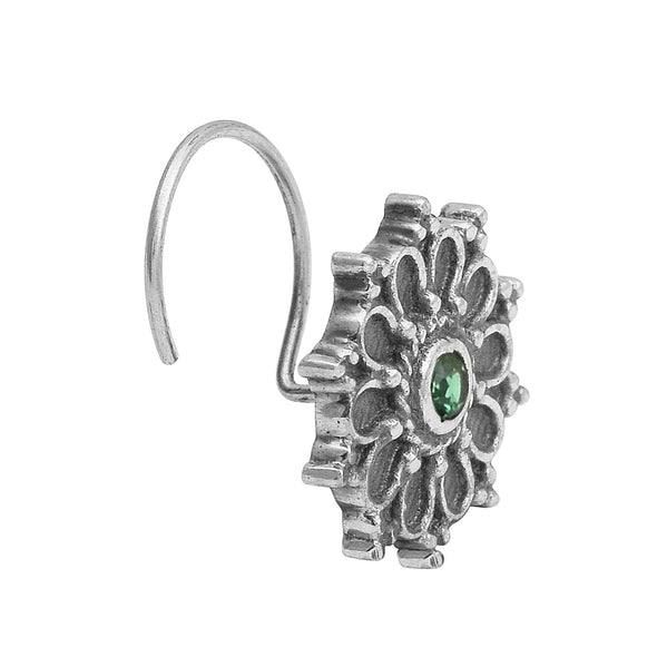 Hoop Design Green Stone Floral Nose Pin - Sterling Silver