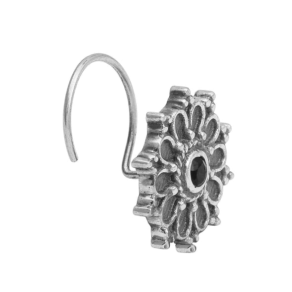 Hoop Design Black Stone Floral Nose Pin - Sterling Silver