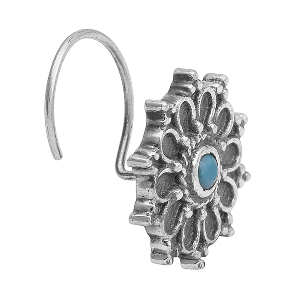 Hoop Design Turquoise Stone Floral Nose Pin - Sterling Silver