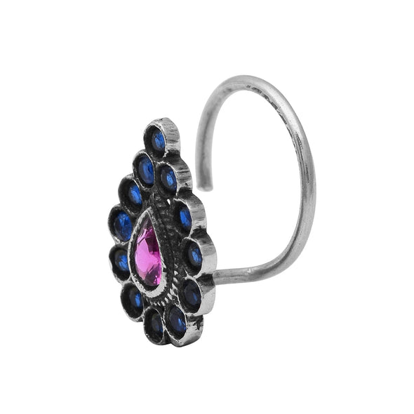 Ethnic Tribal Design Pink & Blue Stones Nose Pin – Sterling Silver