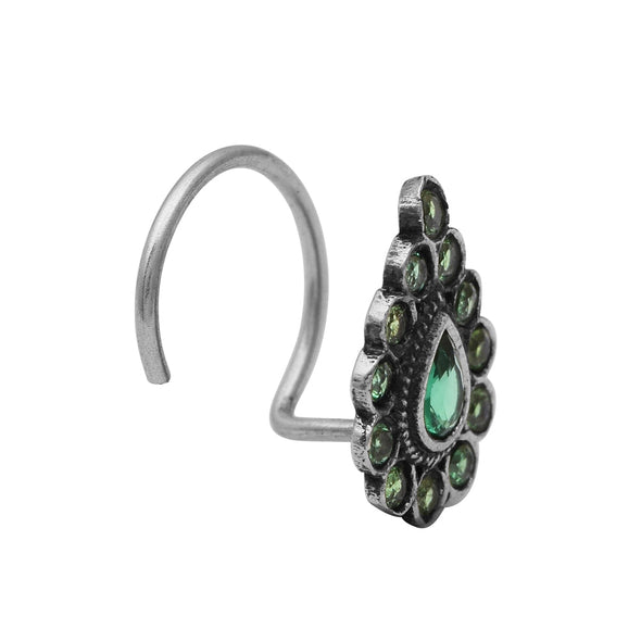 Ethnic Tribal Design Green Stones Nose Pin – Sterling Silver