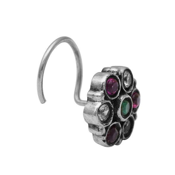 Traditional Navratna Multi-Color Stone Nose Pin - Sterling Silver