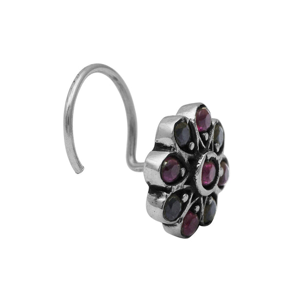 Traditional Navratna Multi-Color Stone Nose Pin - Sterling Silver