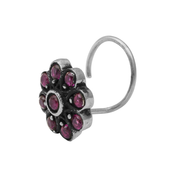 Traditional Navratna Pink Stone Nose Pin - Sterling Silver