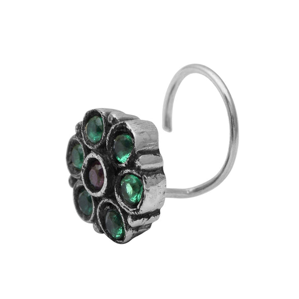 Traditional Navratna Green Stone Nose Pin - Sterling Silver