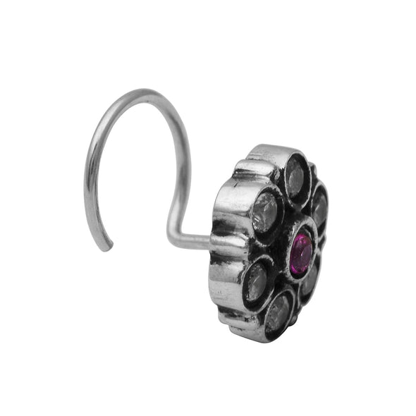 Traditional Navratna Pink & White Stone Nose Pin - Sterling Silver