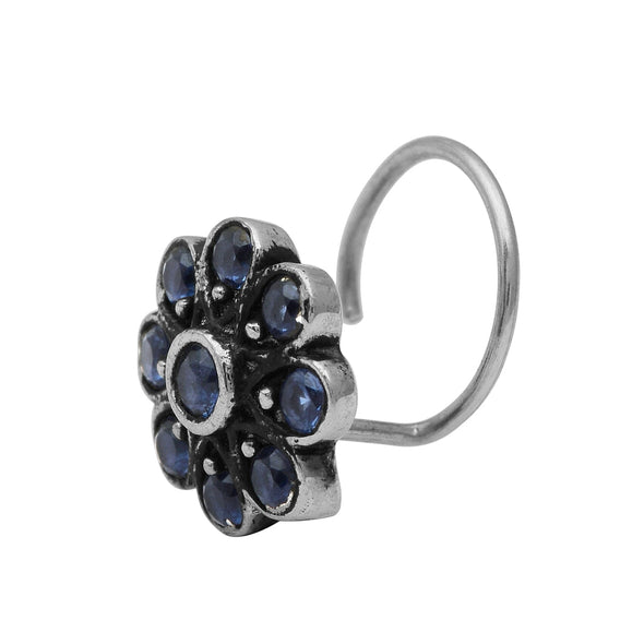 Traditional Navratna Blue Stone Nose Pin - Sterling Silver