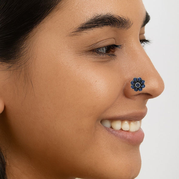 Traditional Navratna Blue Stone Nose Pin - Sterling Silver