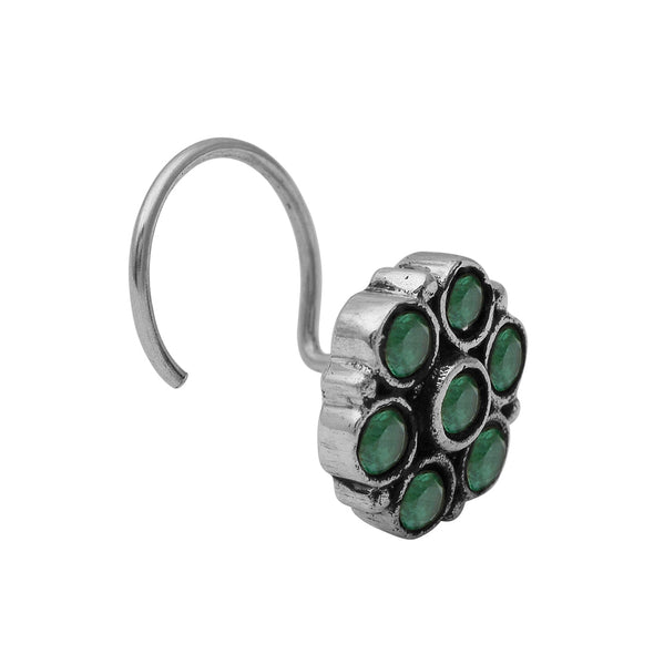 Traditional Navratna Green Stone Nose Pin - Sterling Silver