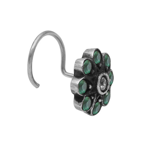 Traditional Navratna Green & White Stone Nose Pin - Sterling Silver