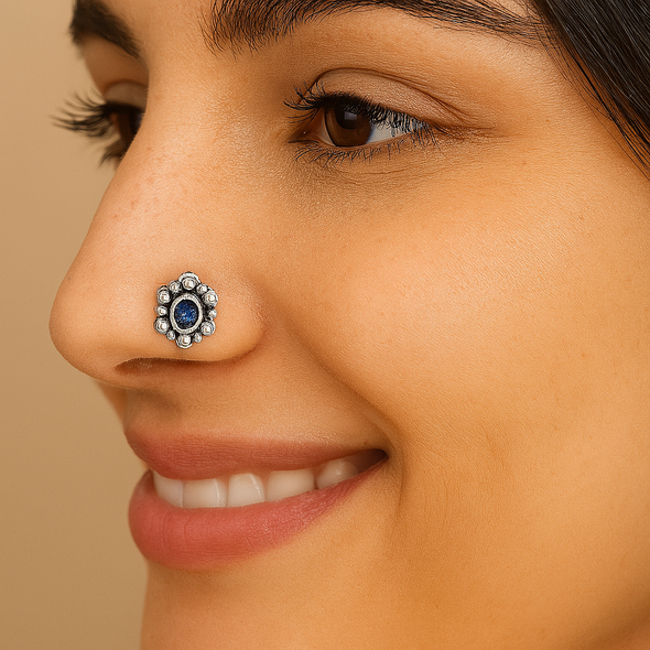 Blue Gemstone Nose Pin – Sterling Silver