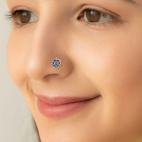 Purple Gemstone Nose Pin – Sterling Silver