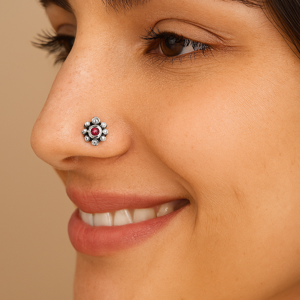 Red Gemstone Nose Pin – Sterling Silver