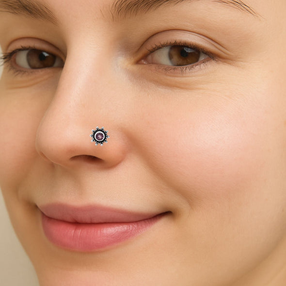 Pink Gemstone Delicate Floral Sparkle Design Nose Pin - Sterling Silver