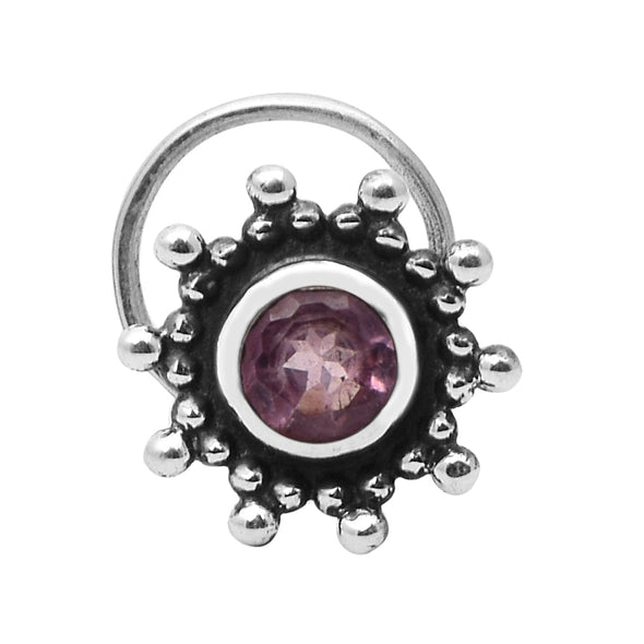 Pink Gemstone Delicate Floral Sparkle Design Nose Pin - Sterling Silver