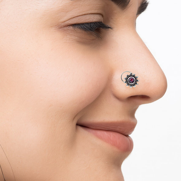 Sunburst Pink Stone Nose Pin – Sterling Silver