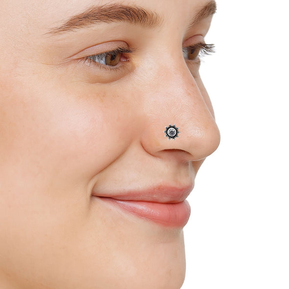 White Gemstone Oxidized Floral Design Nose Pin - Sterling Silver