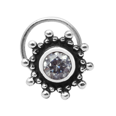 White Gemstone Oxidized Floral Design Nose Pin - Sterling Silver