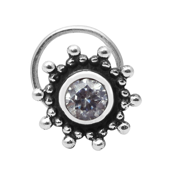 White Gemstone Oxidized Floral Design Nose Pin - Sterling Silver