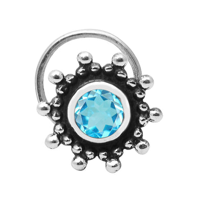Blue Gemstone Oxidized Floral Design Nose Pin - Sterling Silver
