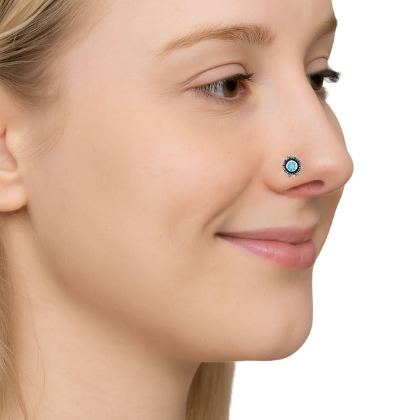 Blue Gemstone Oxidized Floral Design Nose Pin - Sterling Silver