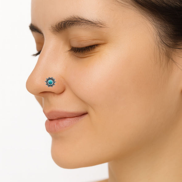 Blue Turquoise Nose Pin - Sterling Silver