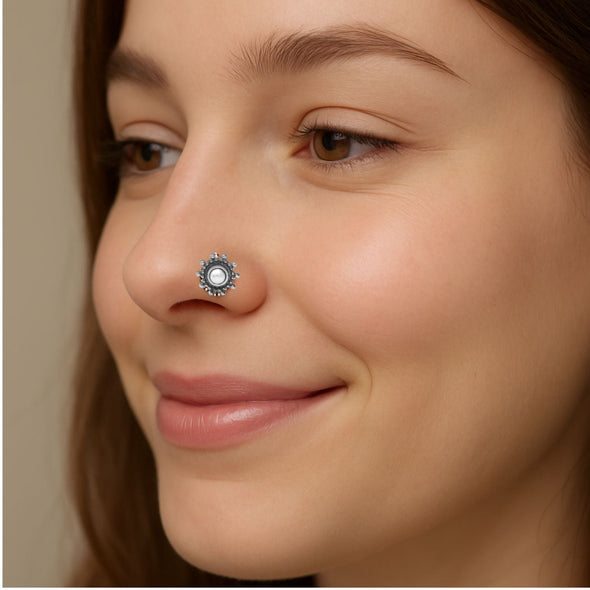 Pearl Round Dotted Halo Floral Nose Ring - Sterling Silver