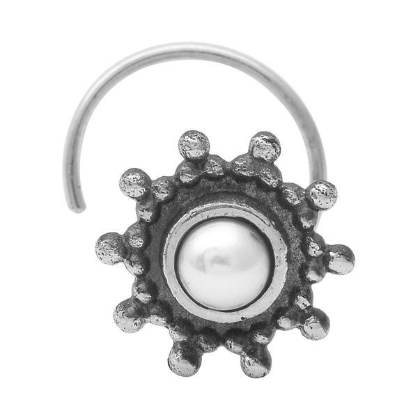 Pearl Round Dotted Halo Floral Nose Ring - Sterling Silver