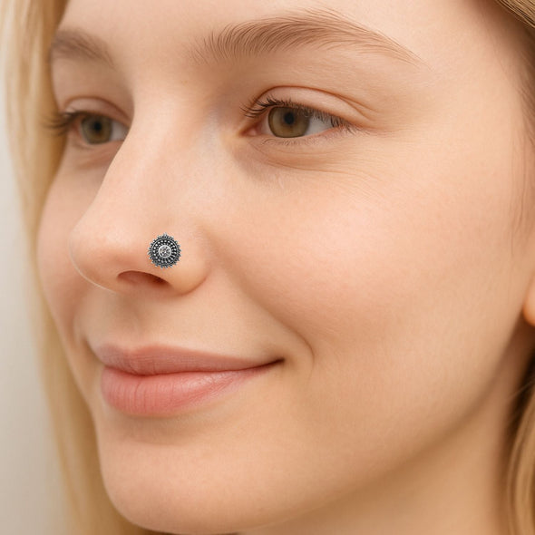 White Gemstone Round Sunburst Design Nose Pin - Sterling Silver