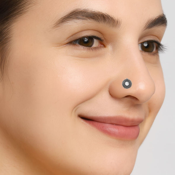 Pearl Round Sunburst Design Nose Ring - Sterling Silver