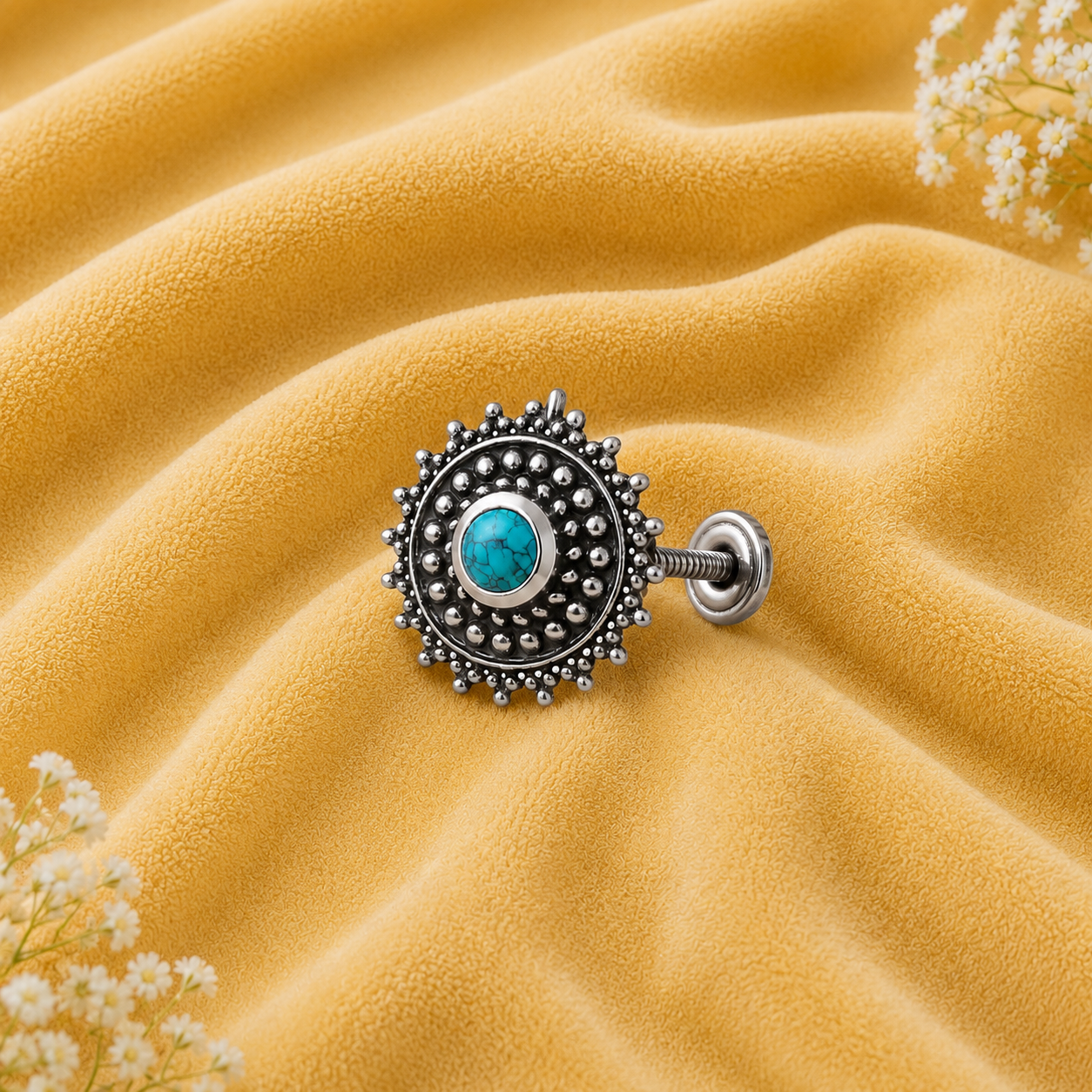 Blue Turquoise Round Sunburst Design Nose Pin - Sterling Silver
