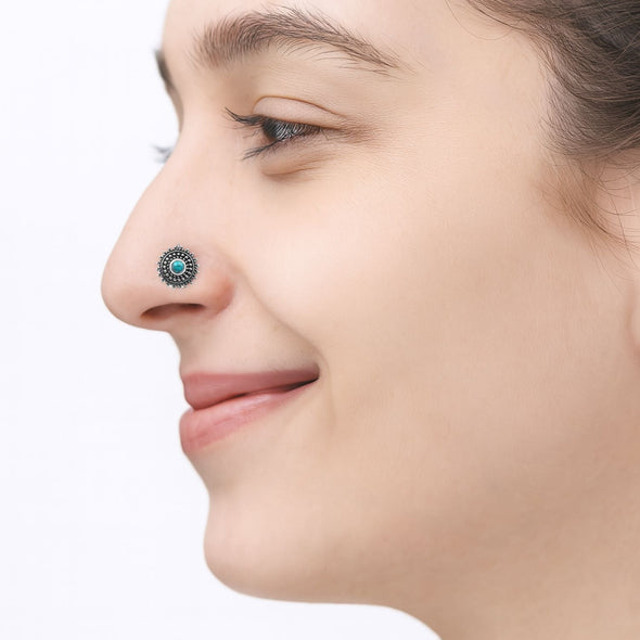 Blue Turquoise Round Sunburst Design Nose Pin - Sterling Silver