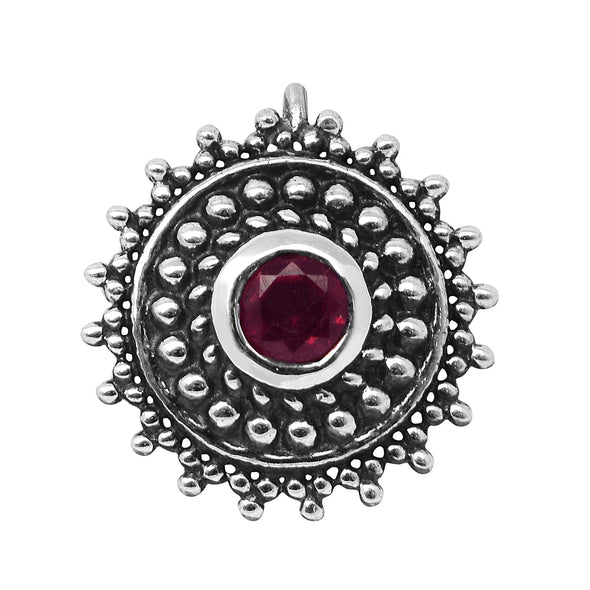 Red Gemstone Round Sunburst Design Nose Pin - Sterling Silver