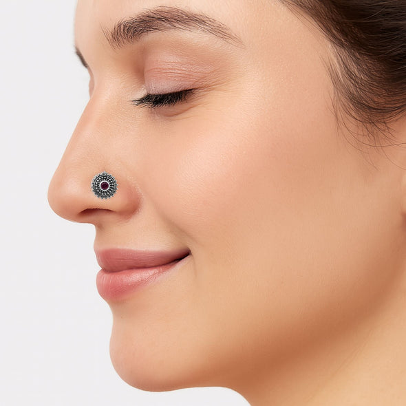 Red Gemstone Round Sunburst Design Nose Pin - Sterling Silver