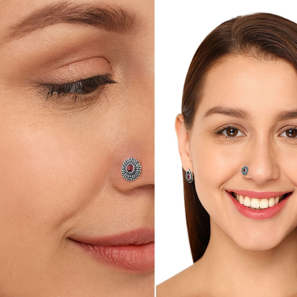 Multi Stone Oxidized Nose Pin - Sterling Silver