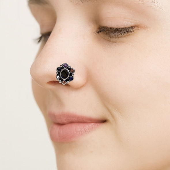 Navratna Oval Black Nose Pin - Sterling Silver