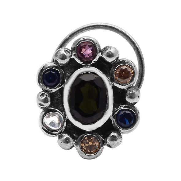 Navratna Oval Black Nose Pin - Sterling Silver
