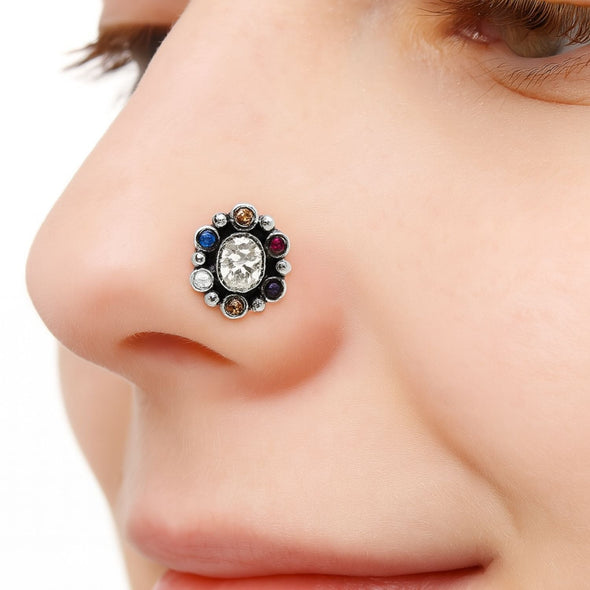 Navratna Oval White Nose Pin - Sterling Silver