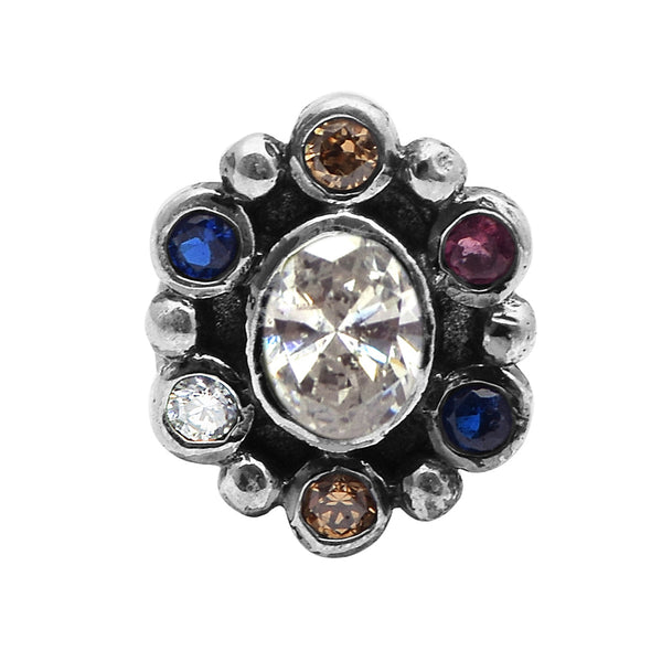 Navratna Oval White Nose Pin - Sterling Silver