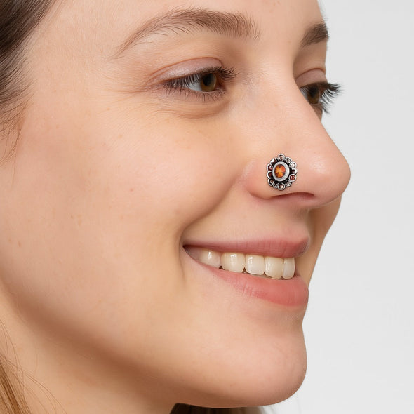 Navratna Oval Orange Nose Pin - Sterling Silver