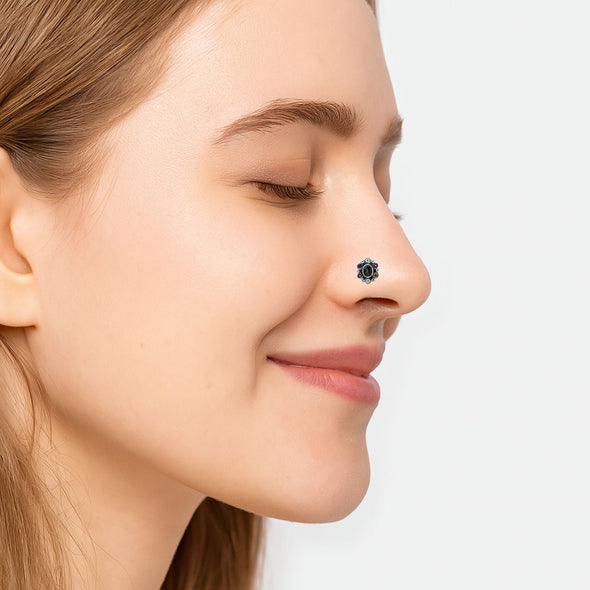 Navratna Oval Green Nose Pin - Sterling Silver