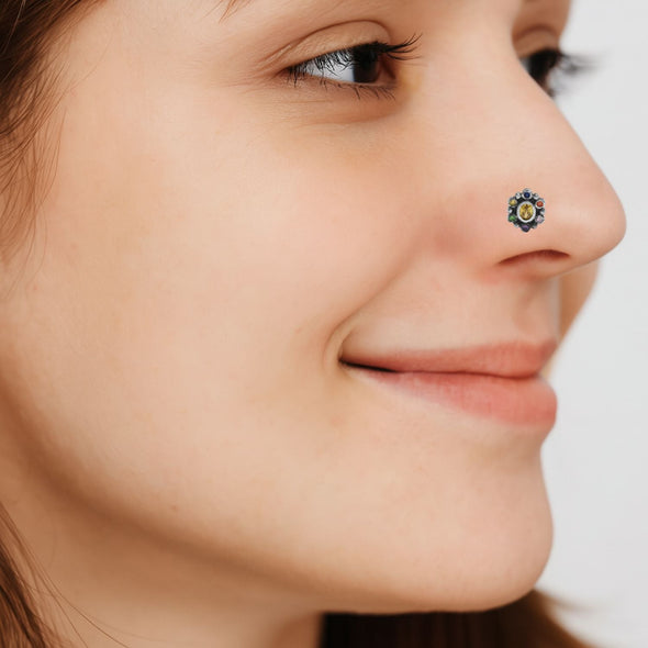 Navratna Oval Yellow Nose Pin - Sterling Silver