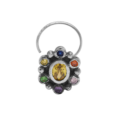 Navratna Oval Yellow Nose Pin - Sterling Silver