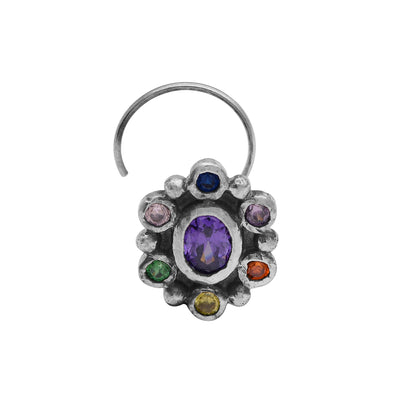 Navratna Oval Purple Nose Pin - Sterling Silver