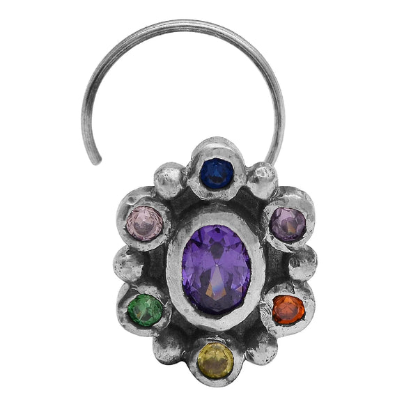 Multi stone Oval Cluster Design Nose Pin - Sterling Silver