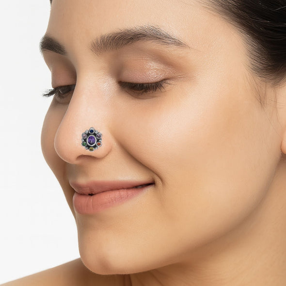 Navratna Oval Purple Nose Pin - Sterling Silver